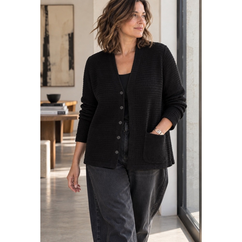 Eileen Fisher Woman Waffle Knit Cardigan Jacket Italian Fabric Black 1X